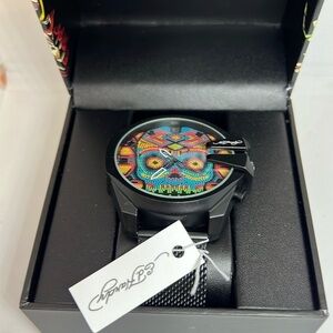 Ed Hardy Men’s Skull Print Dial Matte Black Silicone Strap Analog Watch …